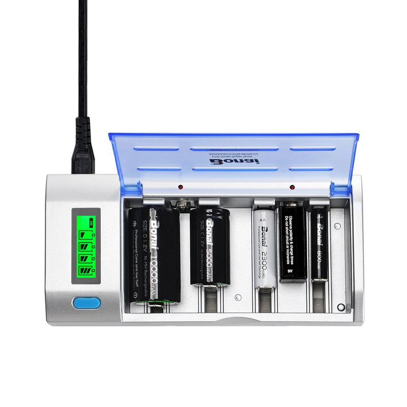 BONAI LCD Universal Battery Charger for AA, AAA, C, D, 9V Ni-MH Ni-CD Rechargeable Batteries with Discharge Function Sliver - NewNest Australia