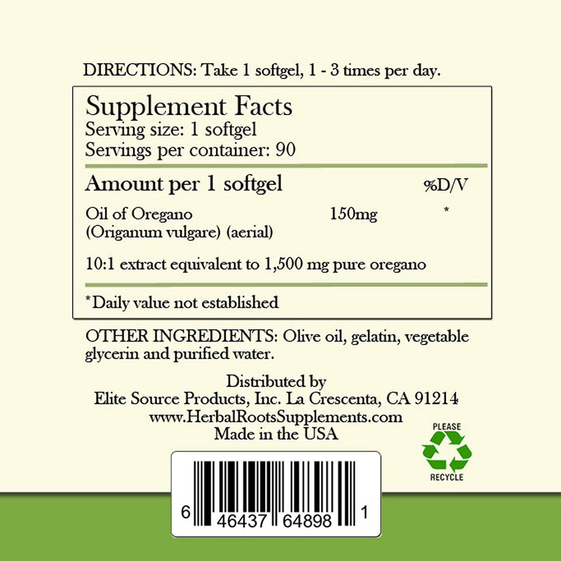 Herbal Roots Oil of Oregano - Made from Mediterranean Oregano Oil - 90 Easy to Swallow Softgel Capsules - Extra Strength 150 mg - Made in The USA - NewNest Australia