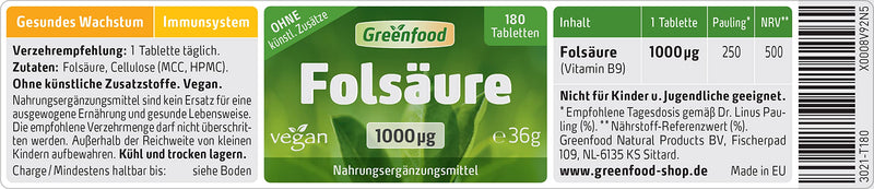 Greenfood - Folic acid capsules - 1000 µg - Extra high dose - 180 vegan tablets - For blood formation, wound healing and cell growth - Suitable for those who want to have children and are pregnant 180 pieces (pack of 1) - NewNest Australia