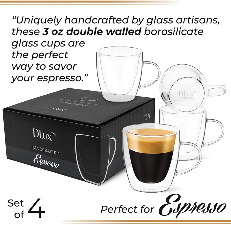 NewNest Australia - DLux Espresso Coffee Cups 3oz, Double Wall, Clear Glass set of 4 Glasses with Handles, Insulated Borosilicate Glassware Tea Cup 5. Pack of 4 - 3oz Borosilicate Cups with Handle 