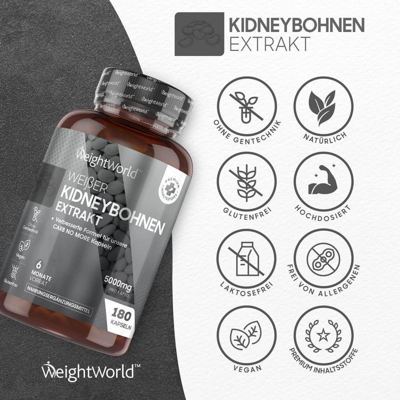 Weightworld White Kidney Bean Extract 5000 Mg - 180 Vegan Capsules - 6 Months - With Zinc & Chrome Minerals - 50:1 Kidney Bean Extract For Low Carb Or Ketogenic Diet - Improved Formula - NewNest Australia