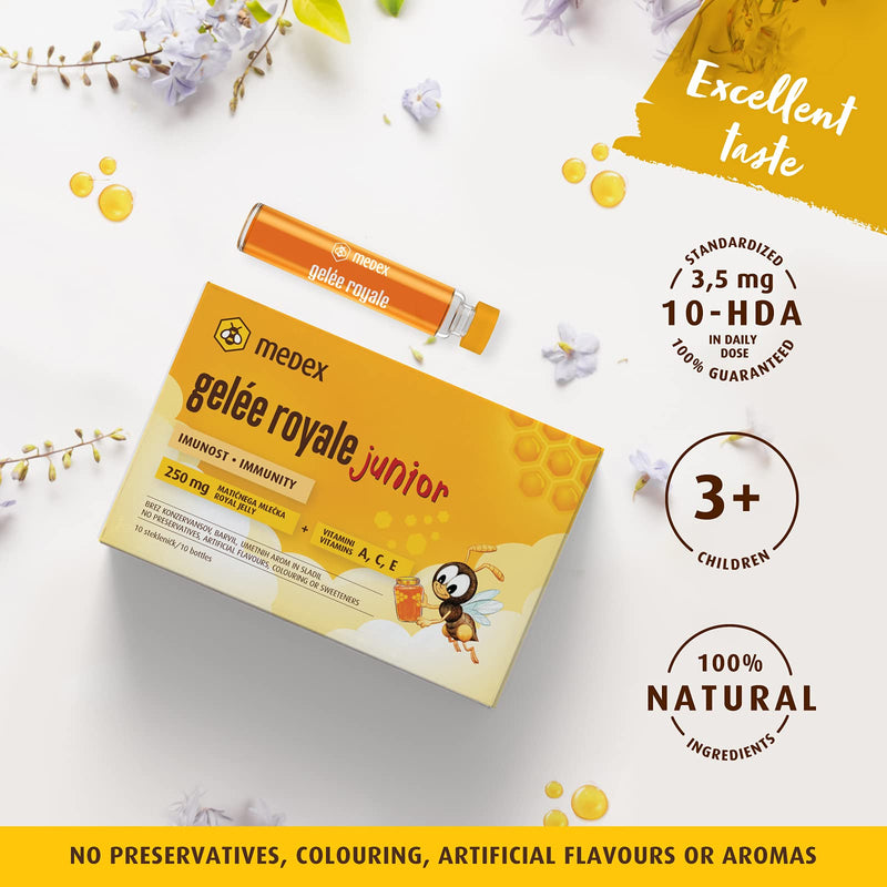 Medex Royal Jelly Junior, Fresh Royal Jelly 250 Mg, With Natural Vitamins A, C, E, Excellent Taste, Without Sweeteners, For Children From 3+, Liquid In Ampoules 10 X 9 Ml - NewNest Australia