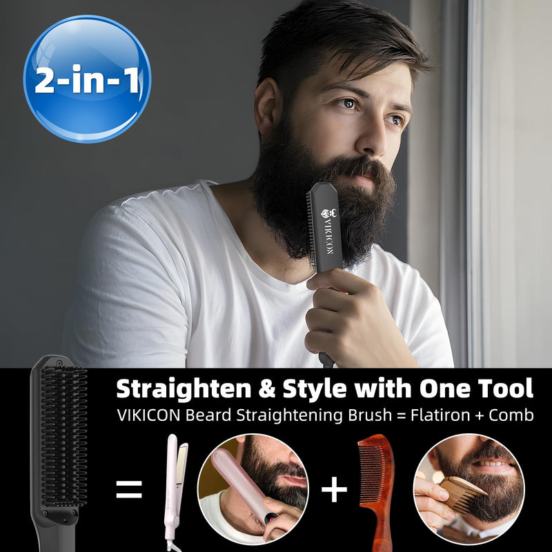 VIKICON Beard Straightener Comb for Men, Mini Professional Hair Straightener with Negative Ions, 3-Segment Temperature, Portable and Quick for Beard and Hair Styling - NewNest Australia