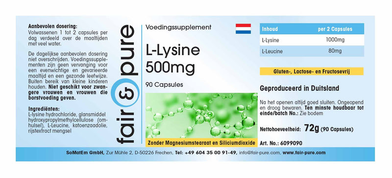 Fair & Pure® - L-Lysine capsules 500mg - vegan - without magnesium stearate - essential amino acid - 90 capsules - NewNest Australia