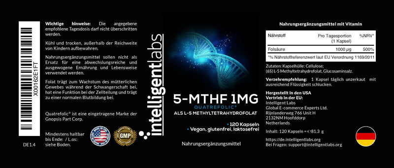 1Mg 5-Mthf Methylfolate By Intelligent Labs, 120 Capsules, 4 Month Supply, Folic Acid Supplement At The Best Price As Quatrefolic Acid, Activated Folate, 1Mg = 1000Mcg, 5 Methyltetrahydrofolate - NewNest Australia