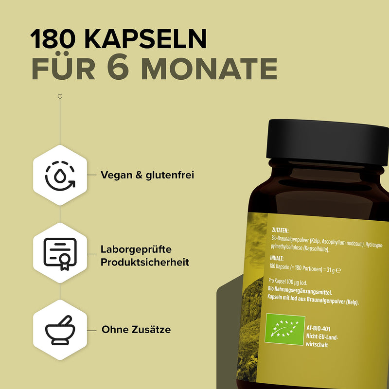 edubily nutrition® iodine from the purest organic kelp - 100 µg iodine per capsule - without additives - 180 capsules in brown glass - NewNest Australia
