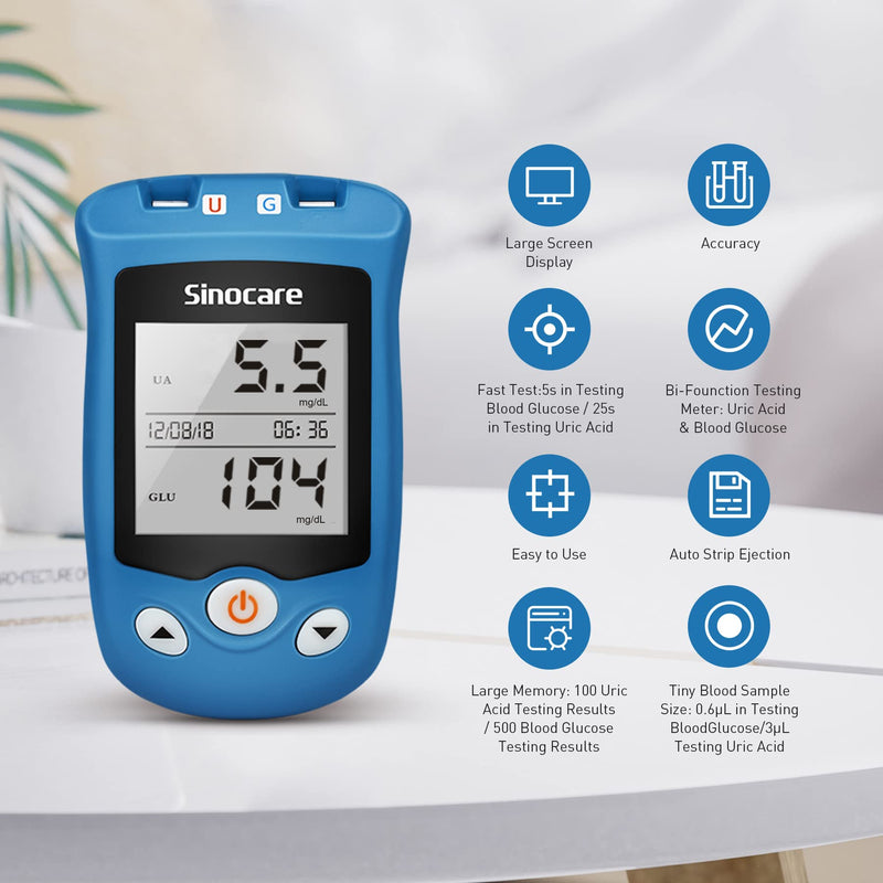 Uric Acid Meter, Blood Glucose Monitor, Uric Acid Self Measuring Kit, Sugar Meter With Test Strips, Blood Glucose, Uric Acid Test Strips, Lancets (Sinocare Safe Aq Ug) - NewNest Australia