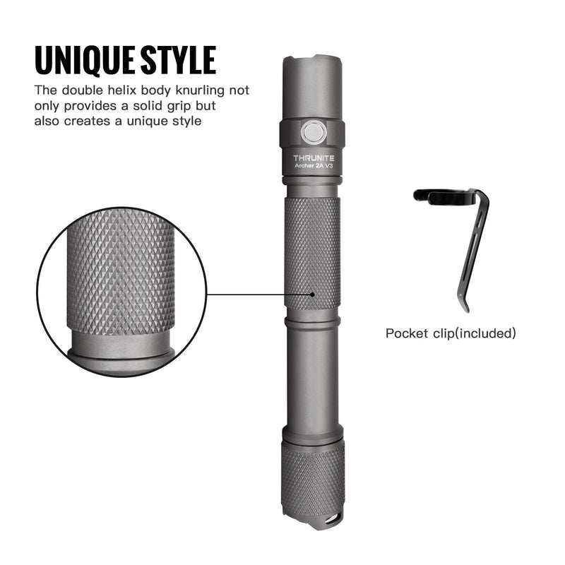 ThruNite LED Flashlight Archer 2A V3 500 Lumens CREE Portable EDC AA Flashlight with Lanyard, IPX8 Water-Resistant Dual Switch Outdoor Light for Hiking, Camping, Everyday Use - Metal Grey CW Metal Grey Cool White - NewNest Australia