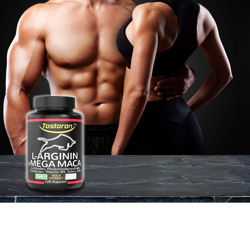 Tostoron, L-Arginine + Mega Maca - 120 Capsules - Extra Strong + High Dose - Laboratory Tested - Plus L-Citrulline, Pine Bark Extract, Cordyceps, Vitamin B5, Selenium, Zinc - 1 Tub (1 x 98.5 g) - NewNest Australia