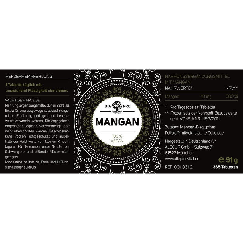 DiaPro® Manganese 365 High-dose manganese tablets with 10 mg manganese per tablet made from manganese bisglycinate 365 pieces Annual supply 100% Vegan Laboratory tested - NewNest Australia
