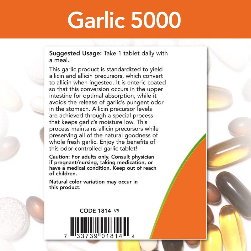 NOW Supplements, Garlic 5,000 (Allium sativum), Enteric Coated, Odor Controlled, 90 Tablets - NewNest Australia