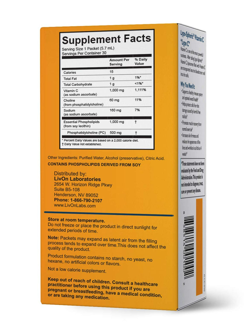 Lypo–Spheric Vitamin C – 30 Packets – 1,000 mg Vitamin C & 1,000 mg Essential Phospholipids Per Packet – Liposome Encapsulated for Improved Absorption – 100% Non–GMO - NewNest Australia