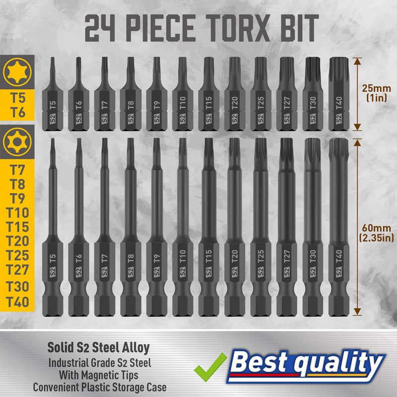 Torx Bit Set, Amartisan 24-Piece Security Torx Bit Set, Tamper Resistant Star Bits Set S2 Steel, 1" and 2.3" Long T5 - T40 - NewNest Australia