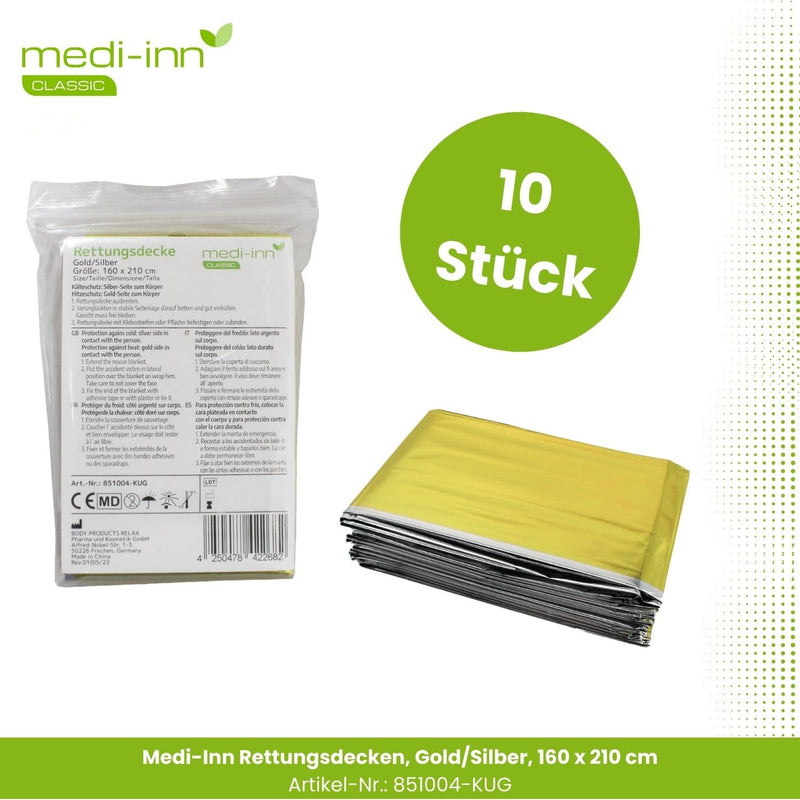 Medi-Inn+ emergency blanket gold silver | 160x210cm | Emergency blanket for first aid | Cold protection | Heat protection (10 pieces) - NewNest Australia