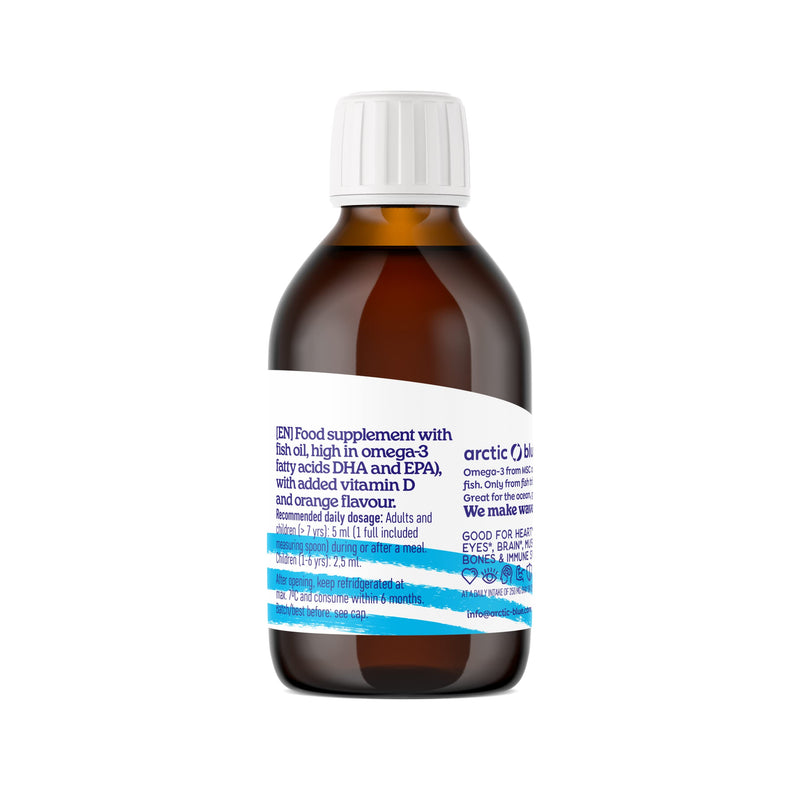 Arctic Blue Omega 3 fish oil - 250 ml liquid - high dose with DHA, EPA and vitamin D - without burping or fishy smell - arctic fish oil - MSC certified - orange flavor - NewNest Australia