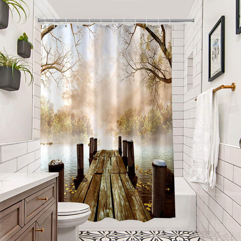 Rustic Cloth Shower Curtain, Fall Foggy Trees Wooden Bridge Lake River Country Scene Bathroom Curtain, Nature Fabric Waterproof Shower Curtain with Hooks, Brown Beige - NewNest Australia