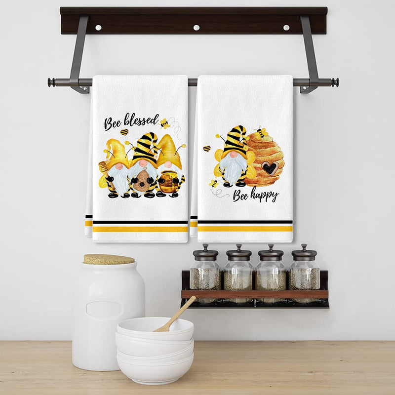 Bee Gnome Kitchen Towels, 2 Pack Cute Gnomes Bee Happy Be Blessed Absorbent Drying Tea Dish Towel for Cooking Baking, 18 x 28 Inch (Bee Towel) Bee Towel - NewNest Australia