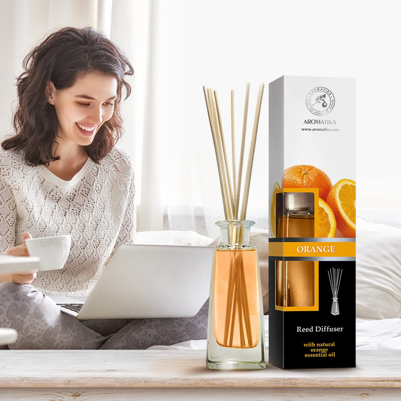 Orange Reed Diffuser w/Natural Essential Orange Oil 100ml - Fresh & Long Lasting Fragrance - 0% Alcohol - Gift Set w/ 8 Bamboo Sticks - Best for Aromatherapy - Spa - Home - Kitchen - Bath - Office - NewNest Australia