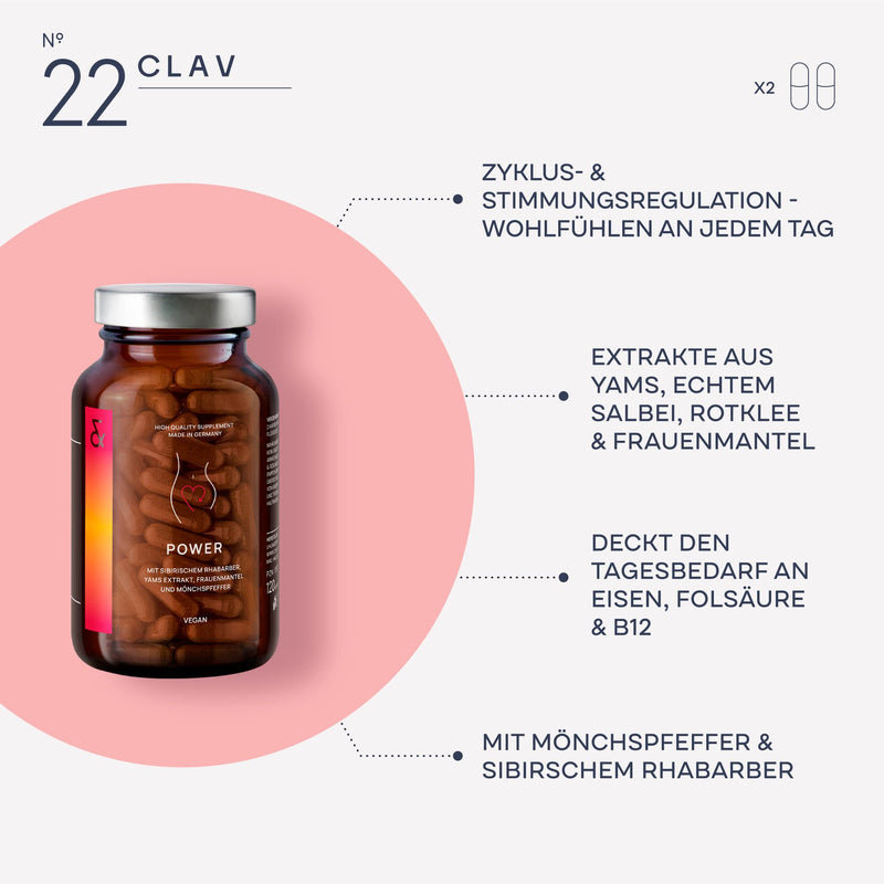 CLAV® Power - Hormone Balance - Lady's Mantle + Yam Root + Siberian Rhubarb + Chasteberry High Dose - Vitamins for Women - 120 PMS Capsules - Vegan 1 - NewNest Australia