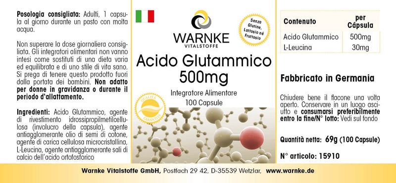 Glutamic acid 500mg - vegan & high dose - 100 capsules | Warnke vital substances - NewNest Australia