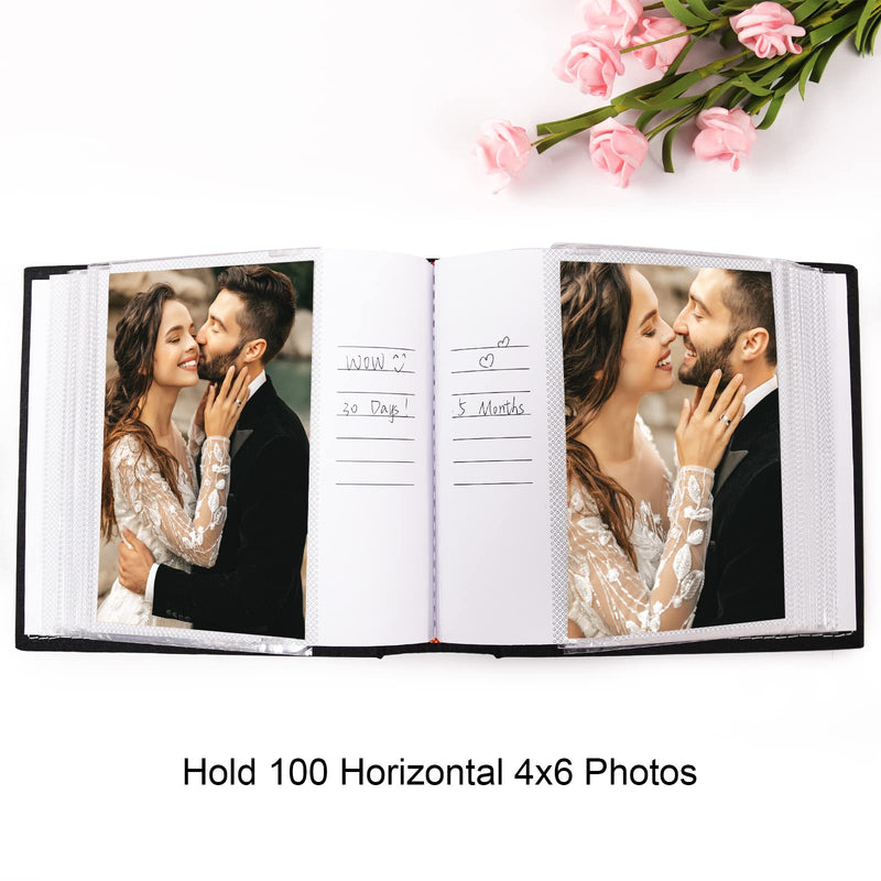Vienrose Photo Album 4x6 100 Pockets Linen Frame Cover with Memo Areas Photobook Large Capacity Pictures Book for Wedding Family Baby Vacation Black - NewNest Australia