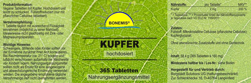 Copper (copper gluconate), high dosage, 365 vegan tablets, without unwanted additives, Bonemis® - NewNest Australia
