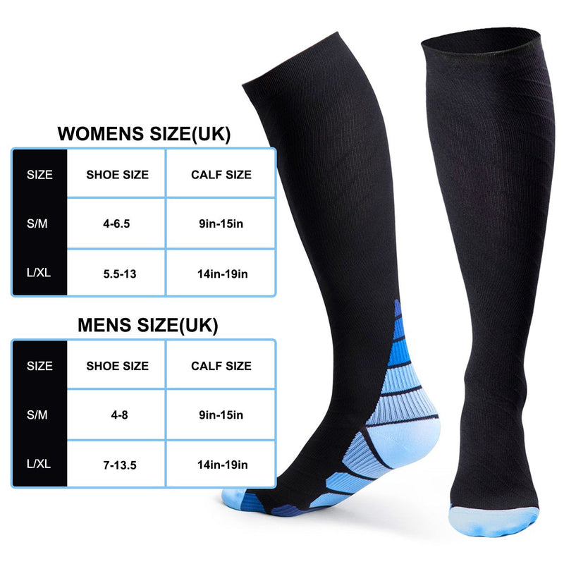 Compression Socks for Women & Men, Stockings Running, Flight, Sports, Pair, Travel, Unisex, Fitness, Jogging, Hiking, cycling, Mountain climbing, Good Shin Splints, Black with Blue, L-XL - NewNest Australia