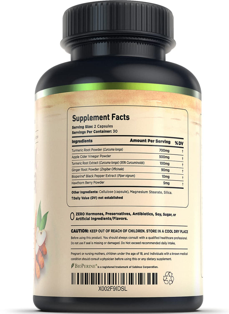 Turmeric Curcumin Supplement with Ginger & Apple Cider Vinegar, BioPerine Black Pepper, Tumeric & Ginger, 95% Curcuminoids & Joint Supplement, Antioxidant Tumeric Supplements Capsules, Nature's Base 60 Count (Pack of 1) - NewNest Australia