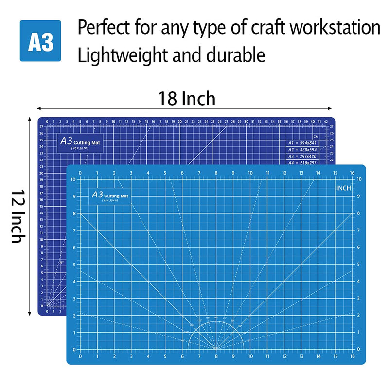 Headley Tools 12 x 18 Inch Self Healing Cutting Mat, Durable Non-Slip Rotary Cutting Mat Double Sided 5-Ply Gridded A3 Cutting Board for Craft, Fabric, Quilting, Sewing, Scrapbooking Project, Blue Light Blue/Dark Blue - NewNest Australia