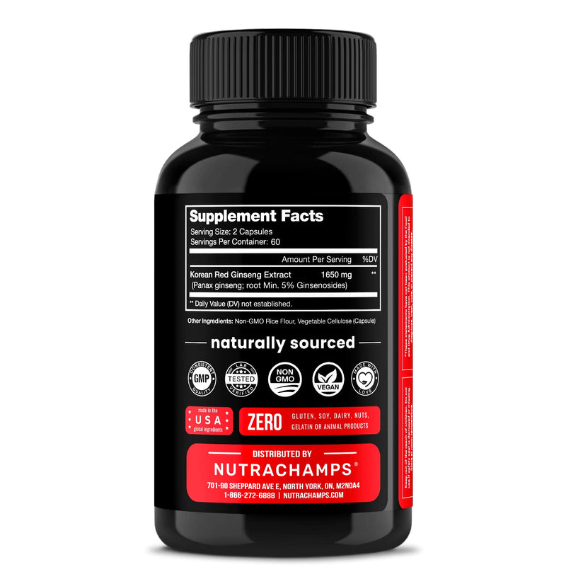 NutraChamps Korean Red Panax Ginseng - 120 Vegan Capsules Extra Strength Root Extract Powder Supplement w/ High Ginsenosides - NewNest Australia