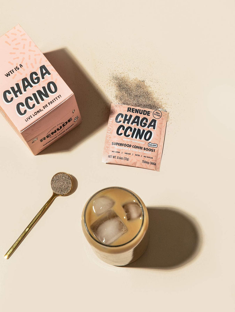 Chagaccino by Renude, Mushroom & Adaptogen Coffee Boost Powder with Wild Foraged Chaga, Cacao, Ceylon Cinnamon & Monk Fruit, Immune Support, Beauty & Brains, Vegan & Keto, 0 Calories, 10 Count of 17g - NewNest Australia