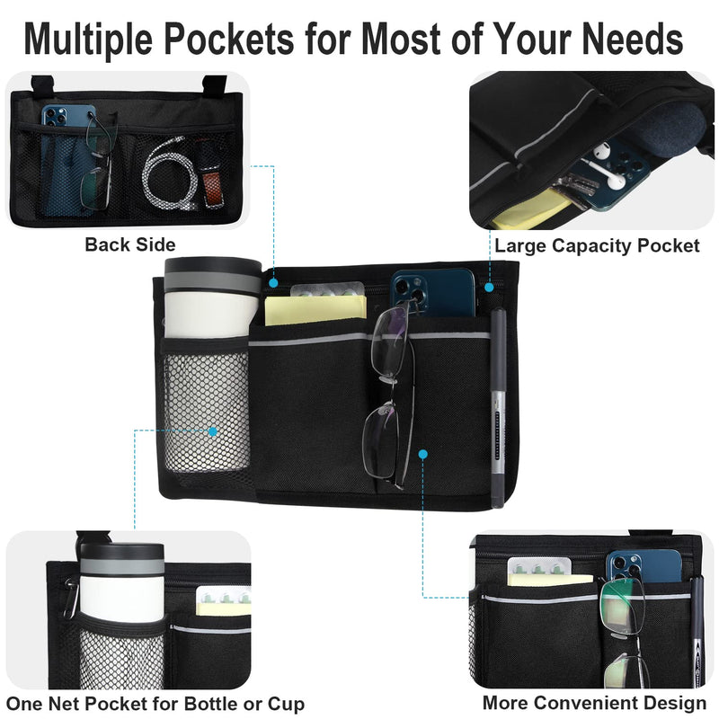 Wheelchair Side Organizer Storage Bag Armrest Pouch with Cup Holder and Reflective Stripe Use Waterproof Fabric, for Most Wheelchairs, Walkers or Rollators (Black) Black - NewNest Australia