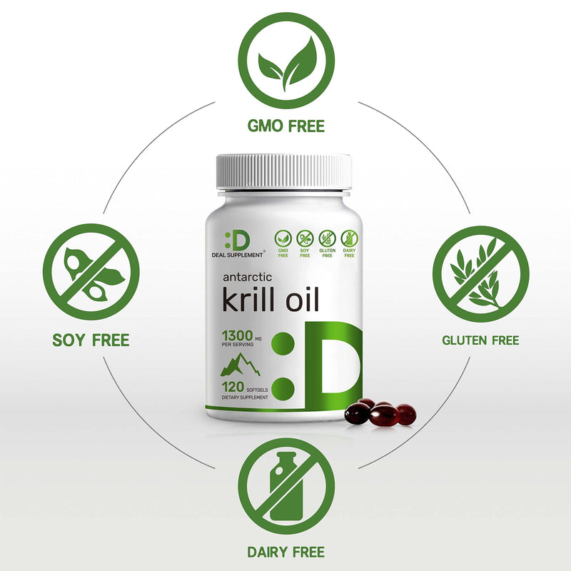 Antarctic Krill Oil Supplement 1300mg, Burpless | High Potency | Mercury Free | Krill Oil Softgels with Omega-3s EPA, DHA and Astaxanthin & Phospholipids, Non GMO, No Gluten (120 Count) - NewNest Australia