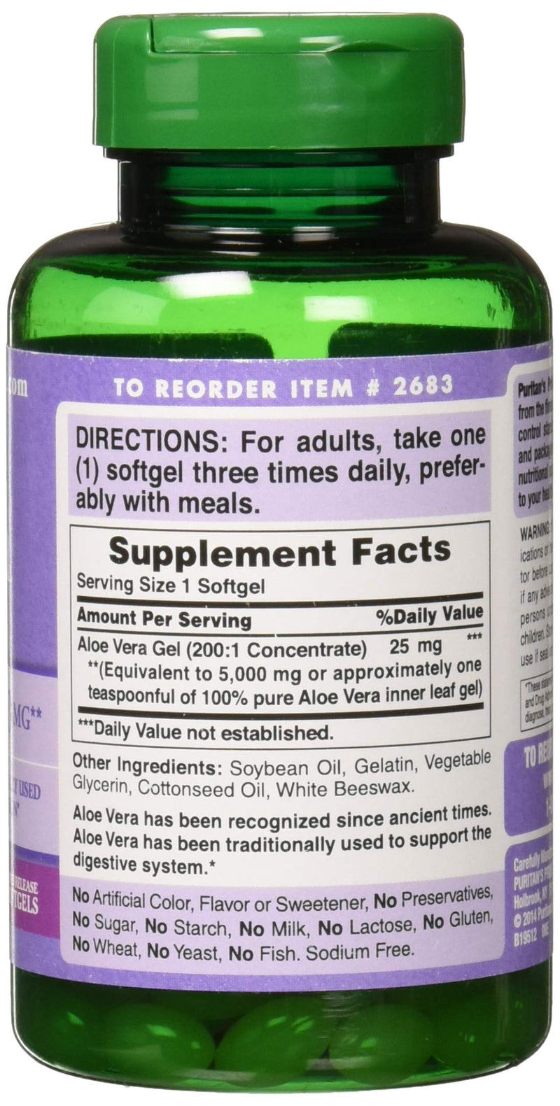 Puritans Pride Aloe Vera Extract 25mg (5000mg equivalent) Softgels, 200 Count (Packaging may vary) - NewNest Australia