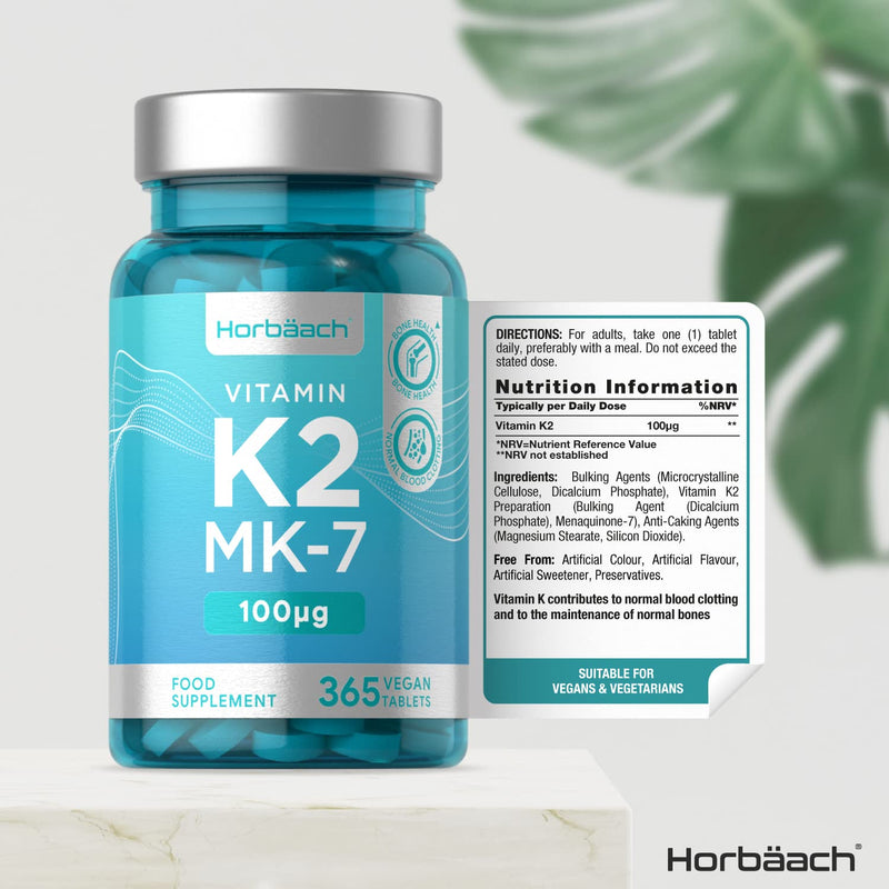 Vitamin K2 MK7 100mcg | 365 Vegan Tablets (not Capsules) | High Strength Menaquinone 200mcg Take 2 | Maintenance of Normal Bones | Non-GMO, Gluten Free Supplement | No Artificial Preservatives - NewNest Australia