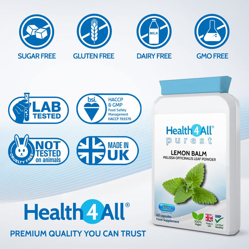 Lemon Balm 450mg 60 Capsules (V) .(not Tablets) Purest- no additives, Vegan. Melissa for Anxiety, Stress and Sleep. Made in The UK by Health4All 60 Count (Pack of 1) - NewNest Australia