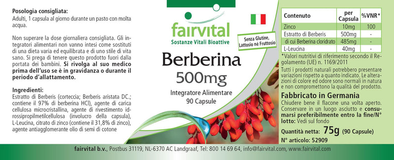 Fairvital | Berberine 500mg - HIGH DOSE - Berberine HCl + Zinc - Berberis aristata - VEGAN - 90 capsules - NewNest Australia