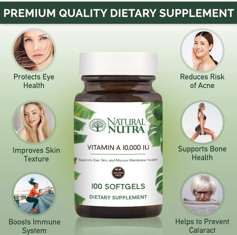 Natural Nutra Vitamin A 10,000 IU, Retinol Palmitate Dietary Supplement from Cod Liver Oil, Extra Strength for Eye, Skin, Nails and Immune Health with Omega 3, 100 Gluten Free Softgels 100 Count (Pack of 1) - NewNest Australia