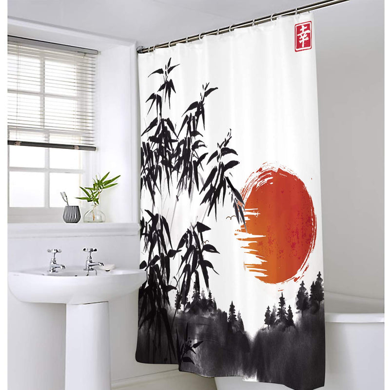 Homewelle Japanese Bamboo Shower Curtain Asian Ink Painting Black Tree Stems 60Wx72H Red Sun Mountains Waterproof 12 Pack Hooks Polyester Fabric Bathroom Bathtub - NewNest Australia