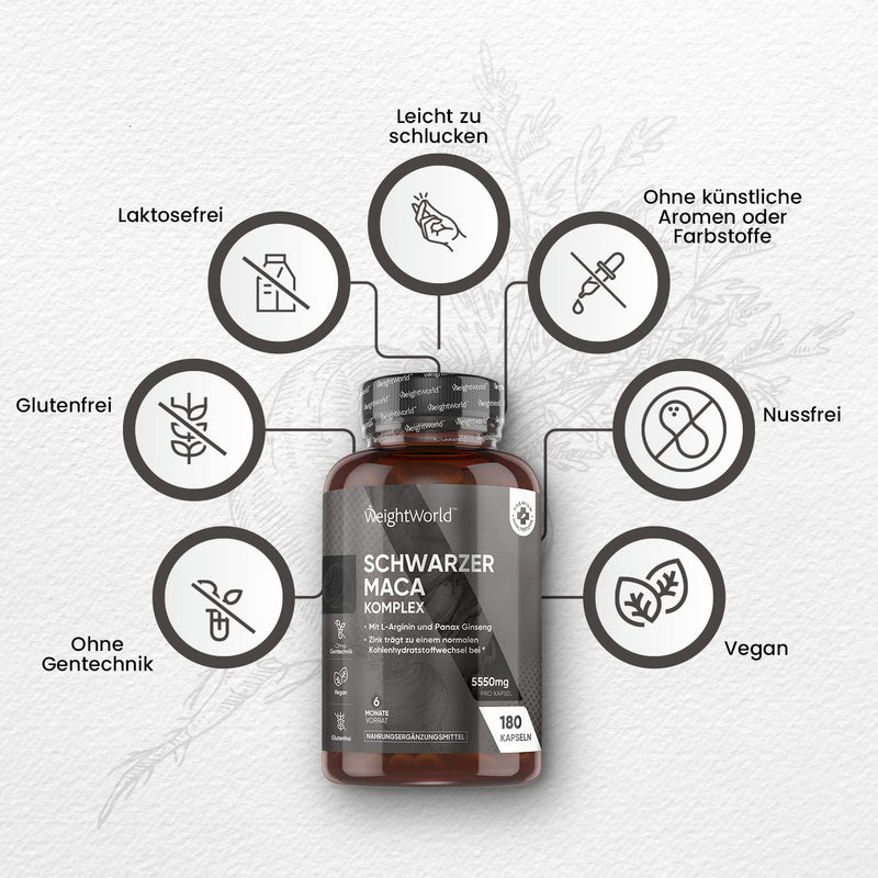 Maca Black 5000 mg - 180 Vegan Maca Capsules - Black Maca Complex with Panax Ginseng, L-Arginine, Black Pepper & Zinc - 6 Months Supply - Maca Root Extract 100:1 - Peruvian Ginseng - NewNest Australia