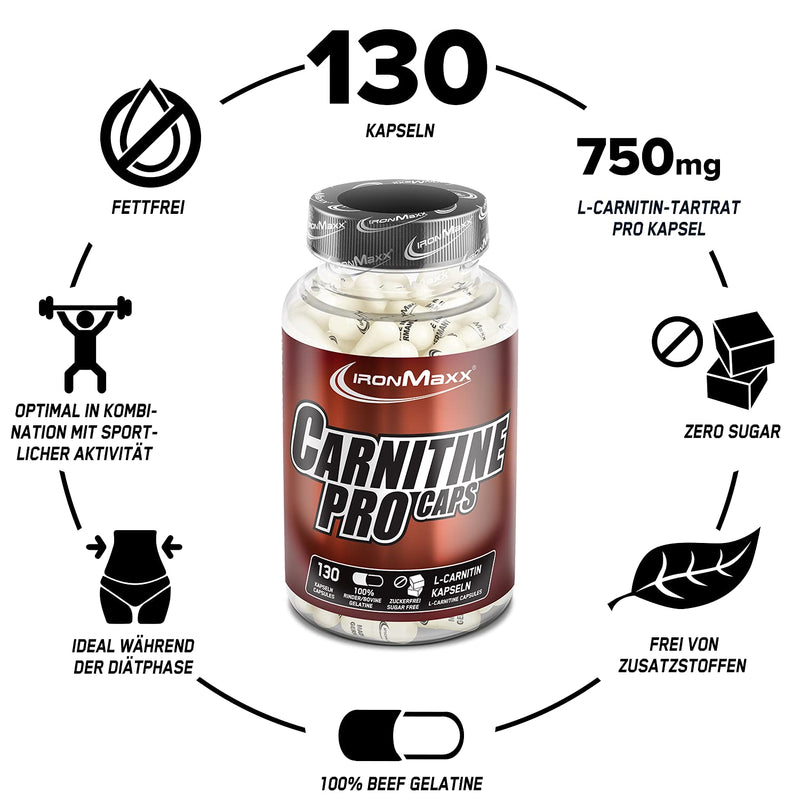 IronMaxx Carnitine Pro Caps - 130 Capsules | 750mg L-Carnitine Tartrate per capsule | particularly effective before training sessions | ideal during diet phases - NewNest Australia