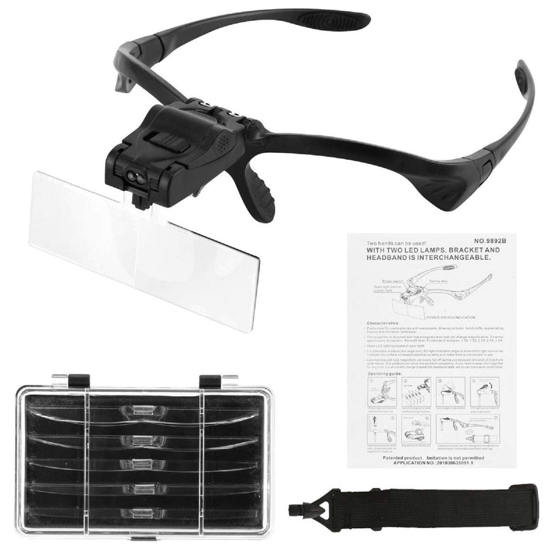 Wallfire Headband Magnifier With Led Light, Reading Head Holder, Magnifier With 5 Detachable Lenses For Reading, Jewelery Magnifier, Watch And Electronics Repairs (1.0X, 1.5X, 2.0X, 2.5X, 3.5X) - NewNest Australia