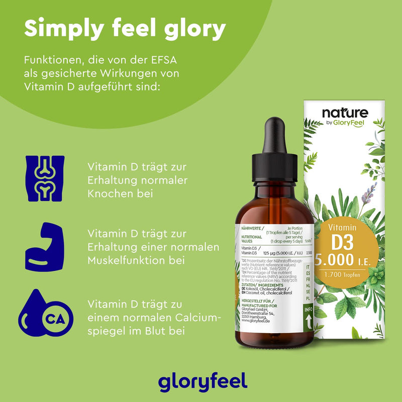 Vitamin D3-5000 IU per drop High dosage - 50ml (1700 drops) - Highest stability: Premium lanolin in MCT oil from coconut - Laboratory tested, made in Germany without additives - NewNest Australia