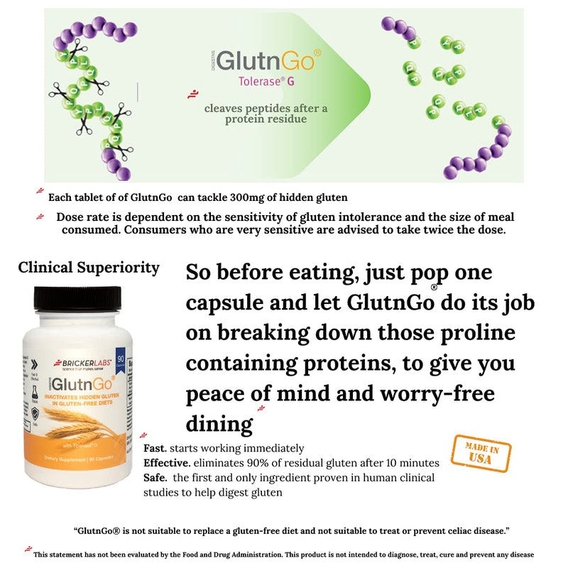 Bricker Labs Glutngo with Tolerase G 100mg, 90ct | Clinically Proven to Help Digest Gluten | Fast, Effective & Safe digestive supplement - NewNest Australia