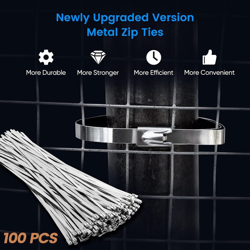 Neojao Metal Zip Ties,100 Pcs 11.8 Inch,304 Stainless Steel Zip Ties Multi-purpose Metal Cable Ties-Suitable for Outdoor Chain Link Fence and Exhaust Wrap Zip Ties - NewNest Australia