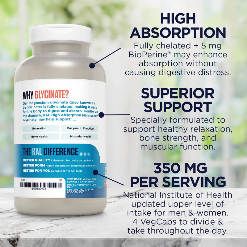 KAL Magnesium Glycinate High Absorption, Healthy Relaxation, Muscle Function & Bone Support, New & Improved (160 Count) 160 Count - NewNest Australia