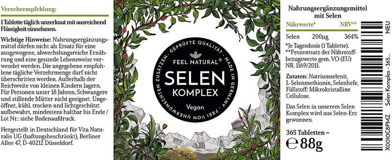 High-dose selenium: 200µg selenium - 365 tablets - Highly bioavailable thanks to 3 high-quality forms of selenium: sodium selenite, L-selenomethionine, selenium yeast - laboratory tested and produced in Germany - NewNest Australia