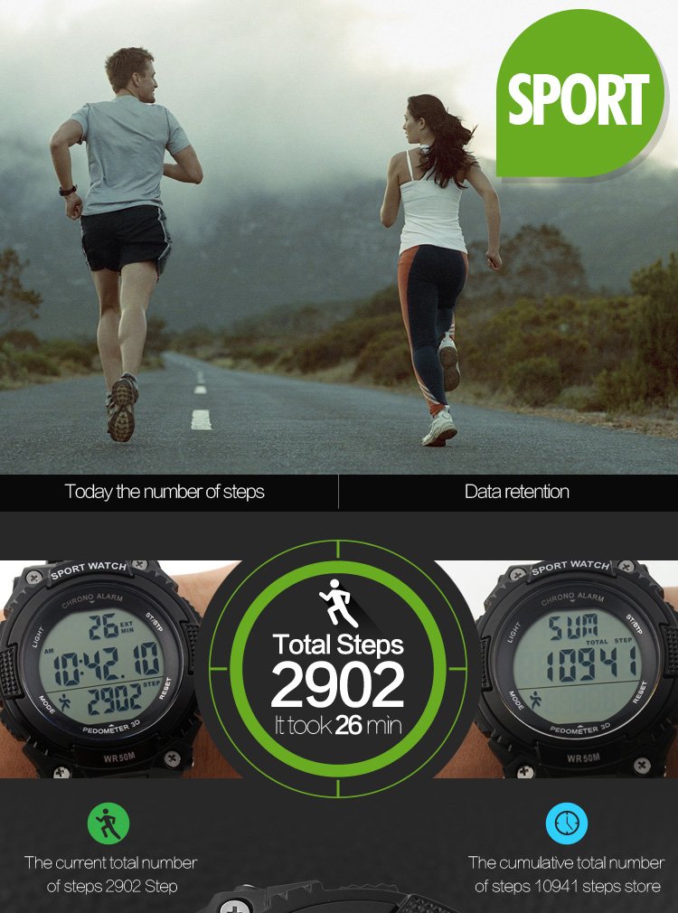 Fanmis Unisex Pedometer Watches Military Multifunctional 50M Waterproof Digital Outdoor Sports Watch Black - NewNest Australia
