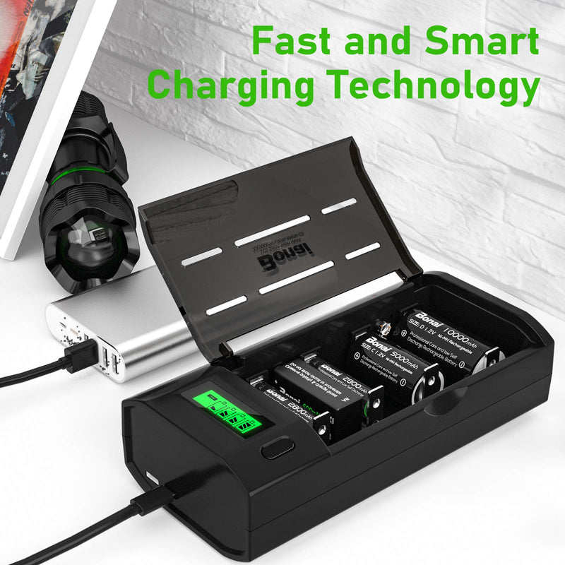 BONAI LCD Universal Battery Charger for AA, AAA, C, D, 9V Ni-MH Ni-CD Rechargeable Batteries with Discharge Function Black - NewNest Australia