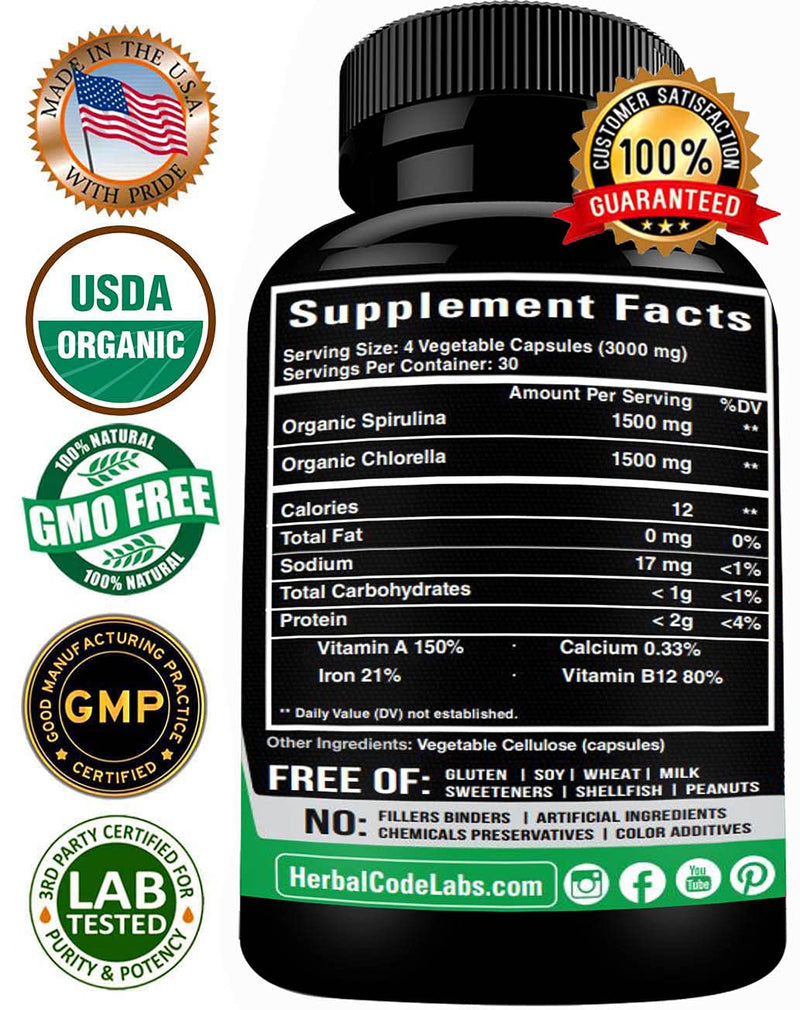 Chlorella Spirulina Powder Capsules Organic - 3000 mg of BMAA Free Purest Blue Green Algae - Best Raw Vegan Protein Green Superfood Broken Cell Wall – Made in USA - NewNest Australia